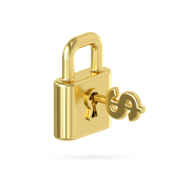 istock Gold metal locked padlock icon. Golden key with a dollar sign inserted in a keyhole isolate on white background. Concept money is the key to everything. gold opens the door, 3d rendering 1464147794