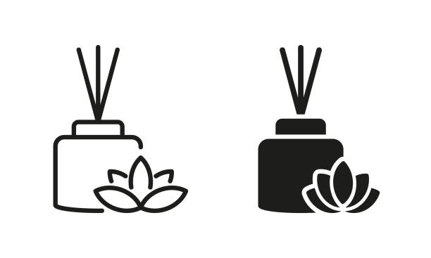 Scented Reed Diffuser Oil Silhouette and Line Icon. Aromatherapy Pictogram. Aroma and Fragrance Therapy Stick in Glass Icon. Editable Stroke. Isolated Vector Illustration Scented Reed Diffuser Oil Silhouette and Line Icon Set. Aromatherapy Pictogram. Aroma and Fragrance Therapy Stick in Glass Symbol. Editable Stroke. Isolated Vector Illustration. home fragrance stock illustrations