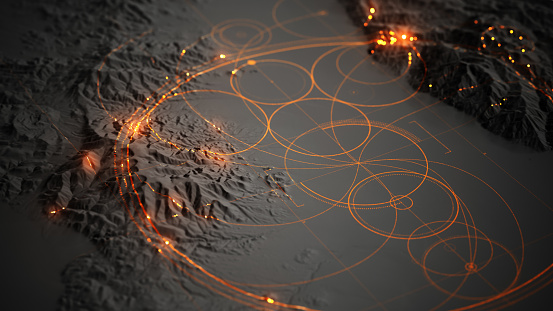 Abstract Landscape background - 3d rendered image of topology structure map. Communication network concept