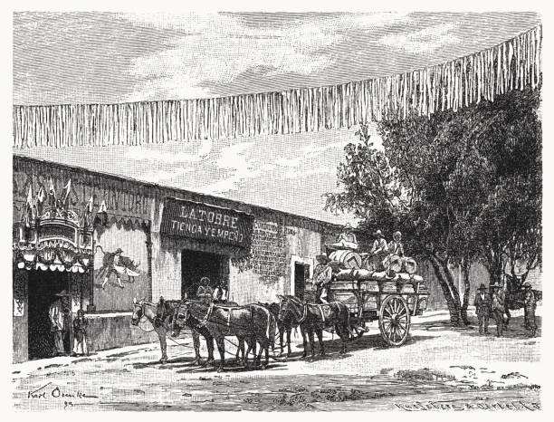 A pulqueria in Mexico, wood engraving, published in 1899 vector art illustration