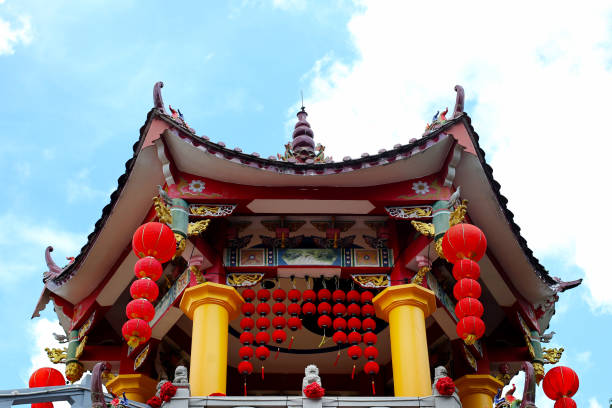 Red Chinese lanterns hanging at temple pagoda