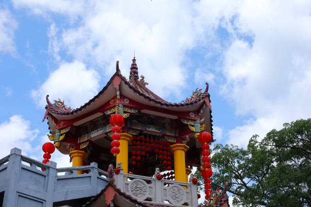 Red Chinese lanterns hanging at temple pagoda