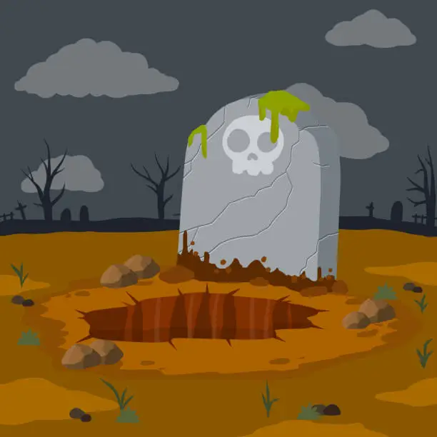 Vector illustration of Stone tombstone stands on ground with grave.