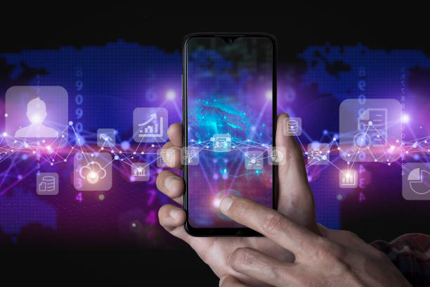 istock Big data technology background. Using smartphone against the background of visualization of a computer internet network, social connection, analytics, information. 1464151960