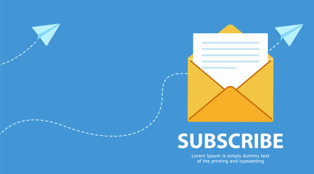 Newsletter subscription concept. banner for online marketing and business. Newsletter subscription concept. banner for online marketing and business. Open yellow envelope with document. Vector illustration on blue background. newsletter stock illustrations