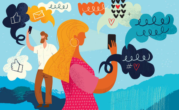 Dating Online Flat vector illustration created from hand drawn doodles, textures and elements which were cut out from paper depicting online dating concept. The image can also be understood as representation of the modern society - the concept of using smartphones rather than communicating face to face. distant love stock illustrations