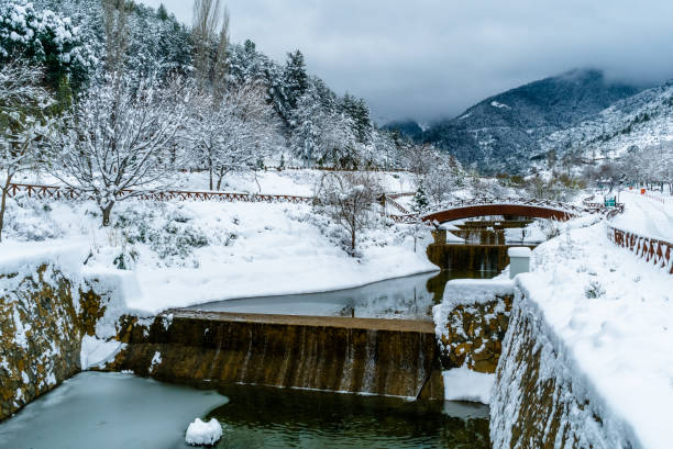 istock Artificial lake Snow winter white background blizzard frost. 1464159143