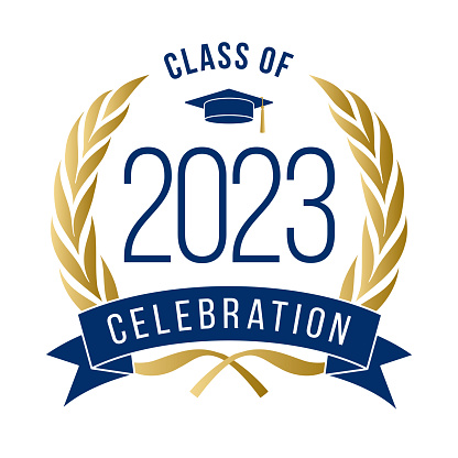 Class of 2023 in golden palm wreath, Congrats Graduates. Lettering Graduation calligraphy emblem. Template for graduation design, party, high school or college graduate, yearbook.  Vector illustration.