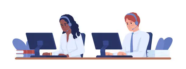 Vector illustration of Dispatchers in call center semi flat color vector characters