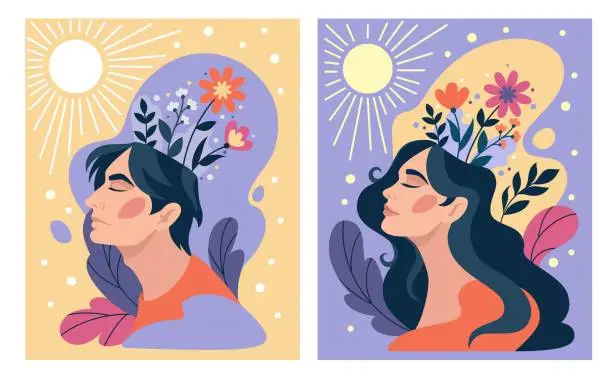 Vector illustration of Positive mental health, happy mind. Woman and man thought, beautiful flowers in brain, people self care, healthy head relax card or poster. Vector illustration tidy cartoon flat concept