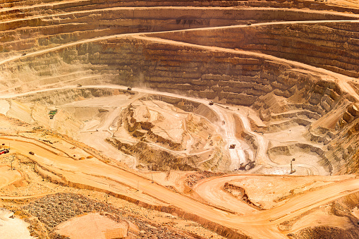 Close-up aerial view of the pit of a copper mine at the altiplano of the Atacama Desert in northern Chile