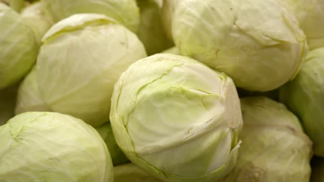 Juicy fresh white cabbage on the counter of a farm shop.