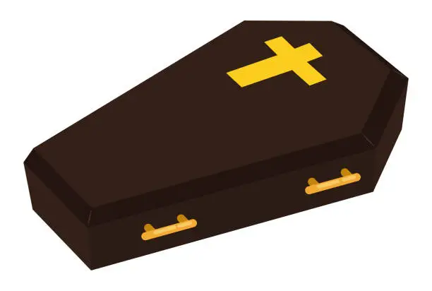 Vector illustration of Dark brown coffin decorated with golden cross and handles, Vector illustration