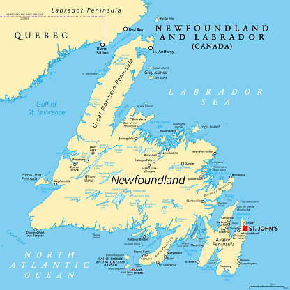 Island of Newfoundland, political map. Part of Canadian province of Newfoundland and Labrador with capital St. John's. Large island off the coast of mainland North America southwest of Labrador Sea.