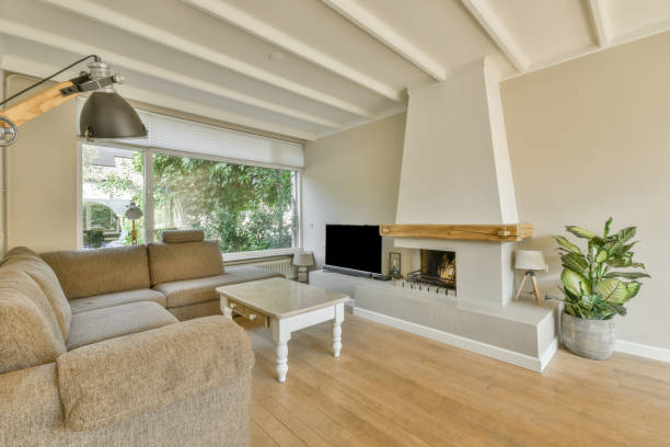 istock Spacious room with various areas and fireplace 1464170146