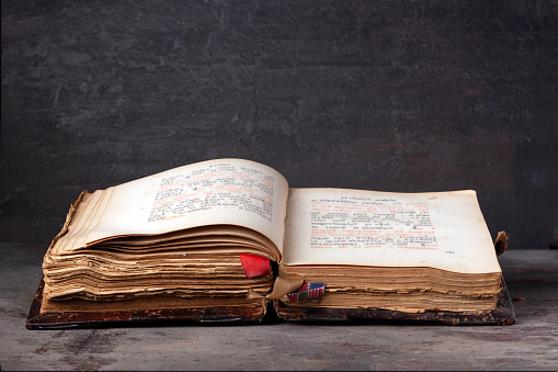 Close-up of old notebook covers (approx. 1900) isolated on white background.