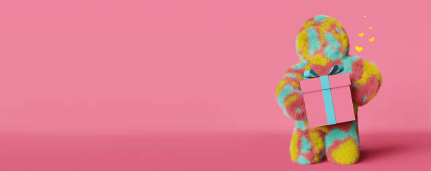 istock Cute plush rainbow Yeti with gift box hearts 3d rendering Valentines day pink background Contemporary advertising banner 1464172483