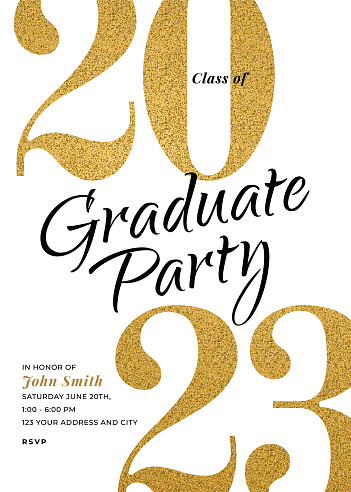 Graduation Class of 2023. Party invitation. Greeting cards with golden glitter. Stock illustration