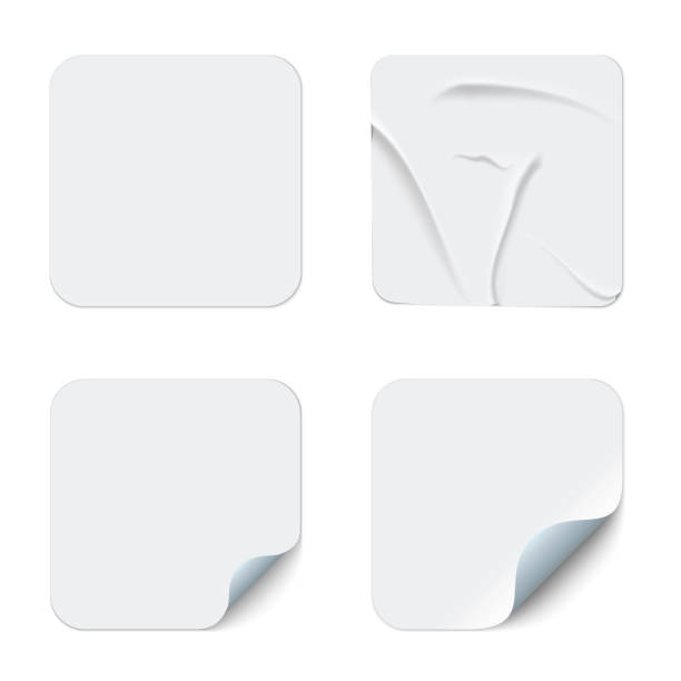 Square stickers 2 Blank square adhesive stickers mock up with curved corner. Mockup empty rectangular sticky label. white sticker stock illustrations