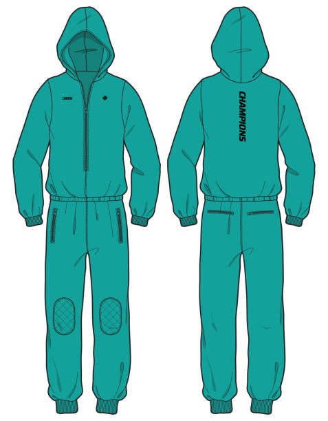 ilustrações, clipart, desenhos animados e ícones de traje de neve hoodie jaqueta design esboço plano ilustração, capuz de chuva com vista frontal e traseira, ski overall suit jaqueta de inverno para homens e mulheres para outerwear e jaqueta de tempo longo - snow gear