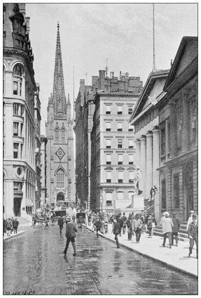 ilustrações de stock, clip art, desenhos animados e ícones de antique photograph of new york: wall street, trinity church - wall street