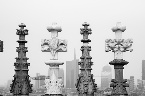 black and white view of Milan through its dome spires