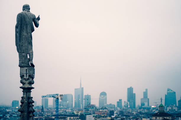 view of misty milan from its dome - dome milan italy architectural feature italy imagens e fotografias de stock