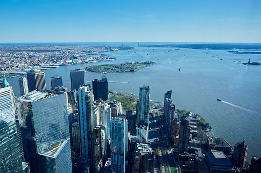 New York Harbor with Statue of Liberty, Battery Park City, Governors Island, and Verrazzano Narrows Bridge