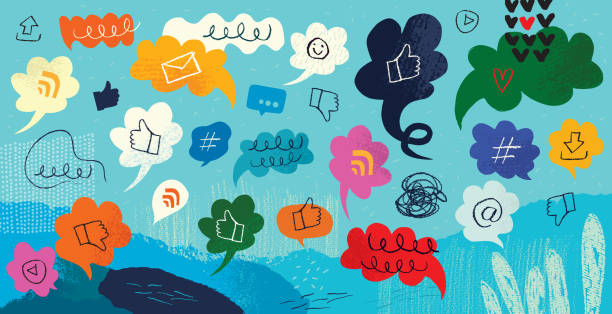 Internet And Social Media Speech Bubbles Concept Vibrant vector illustration. Different speech bubbles with hand drawn doodles and textures. Social Media Communication concept. fun background stock illustrations