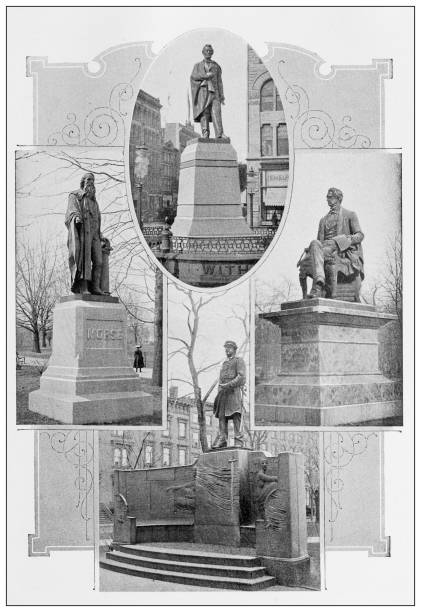 ilustrações, clipart, desenhos animados e ícones de fotografia antiga de nova york: abraham lincoln, s f b morse, william h seward, almirante farragut, estátuas - farragut