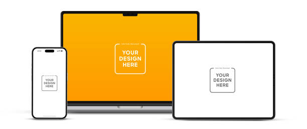 현대 노트북 모형 전면보기와 흰색 배경에 고립 된 고품질 스마트 폰과 태블릿 모형. ui ux 앱 및 웹 사이트 프리젠 테이션을위한 노트북 모형 및 전화 장치 모형. 스톡 벡터. - ipad 3 이미지 stock illustrations