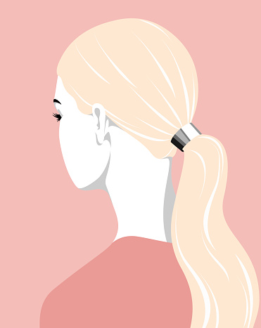 Beautiful young woman with long wavy blond hair tied in ponytail, back view, vector illustration in soft pastel colors against pink background