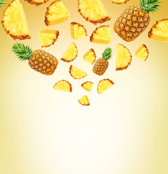 istock Fresh ripe pineapple fruit, pineapple fruit slices isolated. Juicy fruit design elements composition. 
floating pineapples for a design mock up. food banner template.
3d illustration. 1464184472
