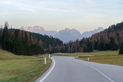 Empty mountain road at Monte Croce pass, Comelico valley, border of Veneto/South Tyrol region, Italy