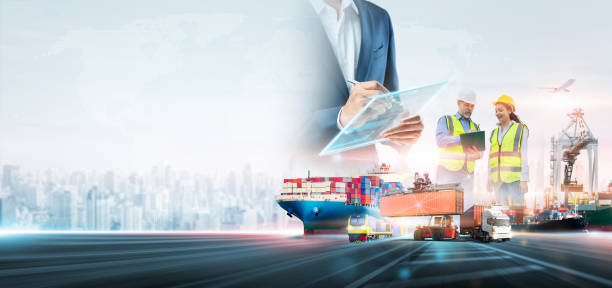 Business and technology digital future of cargo containers logistics transportation import export concept, Engineer using laptop online tracking control delivery distribution on world map background