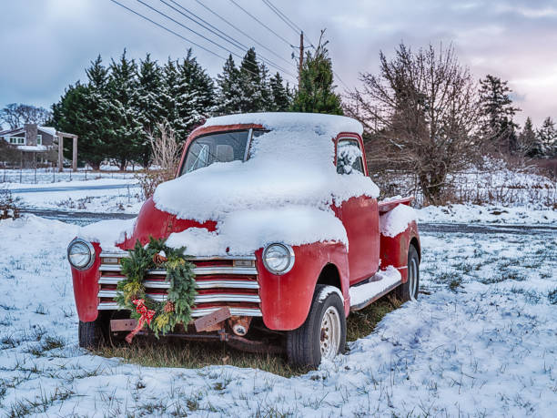 istock Red Pickup Truck In The Snow 1464185437