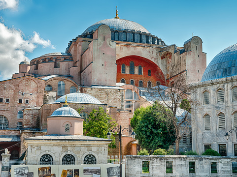 A view of the Hagia Sophia showing the dome and other features of the Grand Mosque of Istanbul.