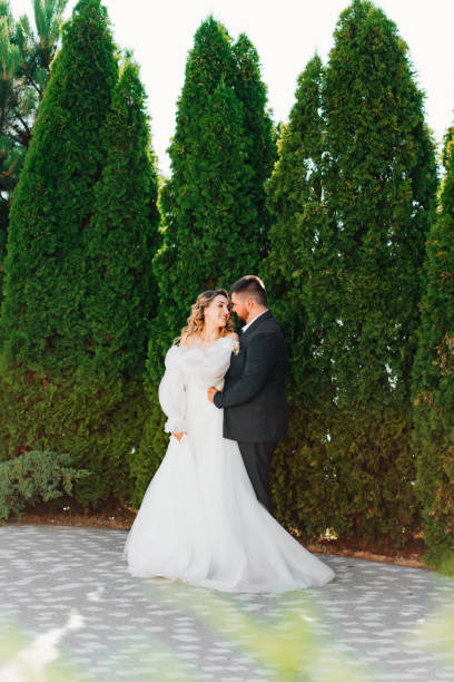 istock the bride and groom hugging and dancing in the park. 1464186285