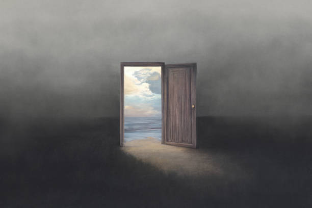 Illustration of open dreams door, surreal abstract concept Illustration of open dreams door, surreal abstract concept meditation room stock illustrations