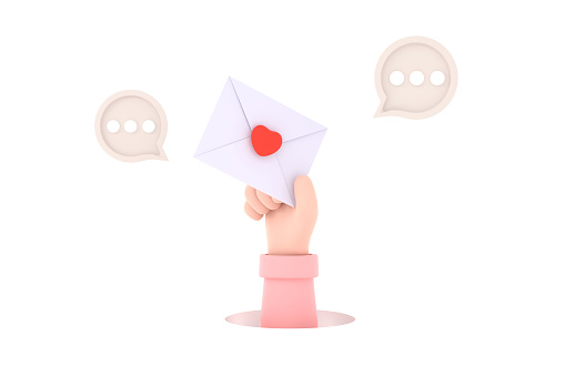 3D. character hand holding mail postal envelope with heart and bubble. New communication message concept.