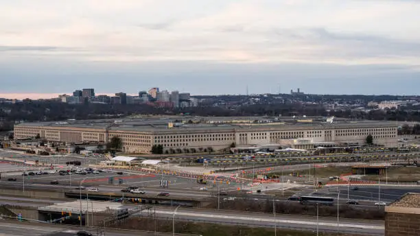 High angle view of the Pentagon at dusk. The Pentagon is the headquarters building of the United States Department of Defense