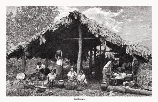 Working indigenous women in Guatemala. Nostalgic scene from the past. Wood engraving, published in 1899.