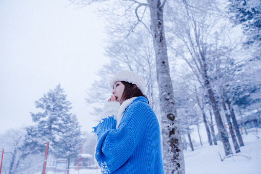 Half-length waist-up side shot of young smiling Asian adult woman, wearing warm winter clothing, standing and looking at the snowy landscape while exploring the mountain and woods.

Young happy Asian female traveler or tourist having fun and relaxing on a solo-trip or travel in Japan during winter holidays, enjoying her day outdoors.