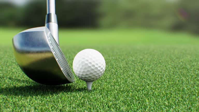 Golf Club Driver Hitting the Ball Close-up in Slow Motion 3d Animation. Illustration of Abstract Strong Hit and Green Grass on the Golf Course. Sport Concept 4k UHD 3840x2160.