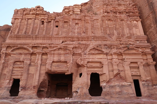 Impressive facade of one of the royal tombs, ancient nabataean city of Petra, Jordan 2021