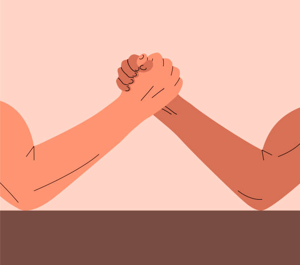 Two men in an arm wrestling match Two men in arm wrestling battle. Two strong muscular hands. Sports competition. Muscle strength. Flat vector illustration arm wrestling stock illustrations