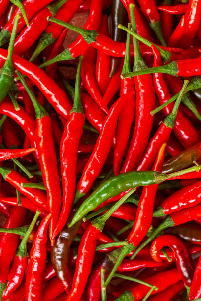 istock macro red pepper,Red hot chilli peppers pattern texture background. Close up. Landscape. A backdrop ofRed hot chilli peppers. Street vegetable market. Group of Red hot chilli peppers 1464202660