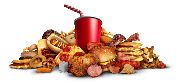 Consuming junk food as fried foods hamburgers soft drinks leading to health risks as obesity and diabetes as fried foods that are high in unhealthy fats on a white background with 3D illustration elements.