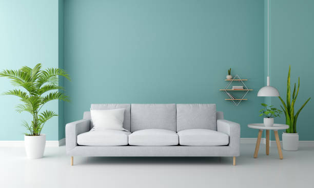 istock Sofa in blue living room with copy space for mock up, 3D rendering 1464204347