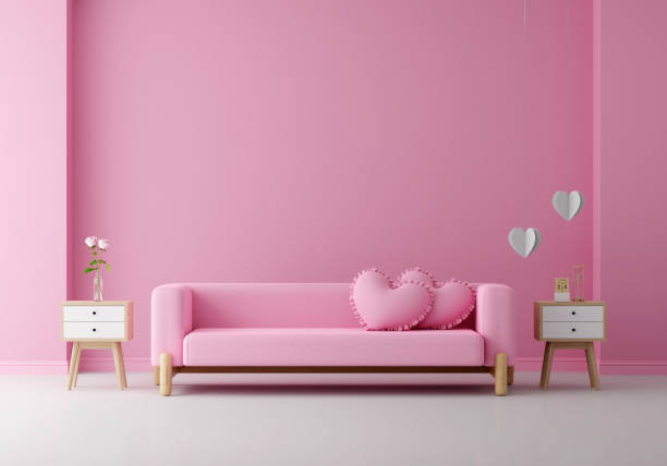 istock Pink sofa in pink living room with copy space for mock up, 3D rendering 1464204351